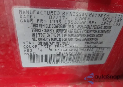 2017 Nissan Sentra Sv from USA, damaged, VIN 3N1AB7AP1HY370123